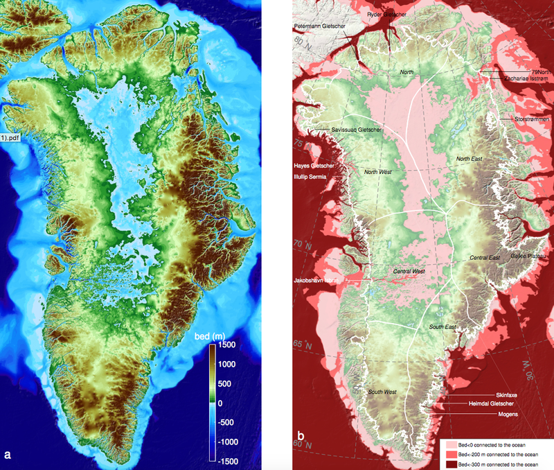 Maps of Greenland’s coastal seafloor and bedrock created for the new study. Image: AGU/GRL/UC Irvine